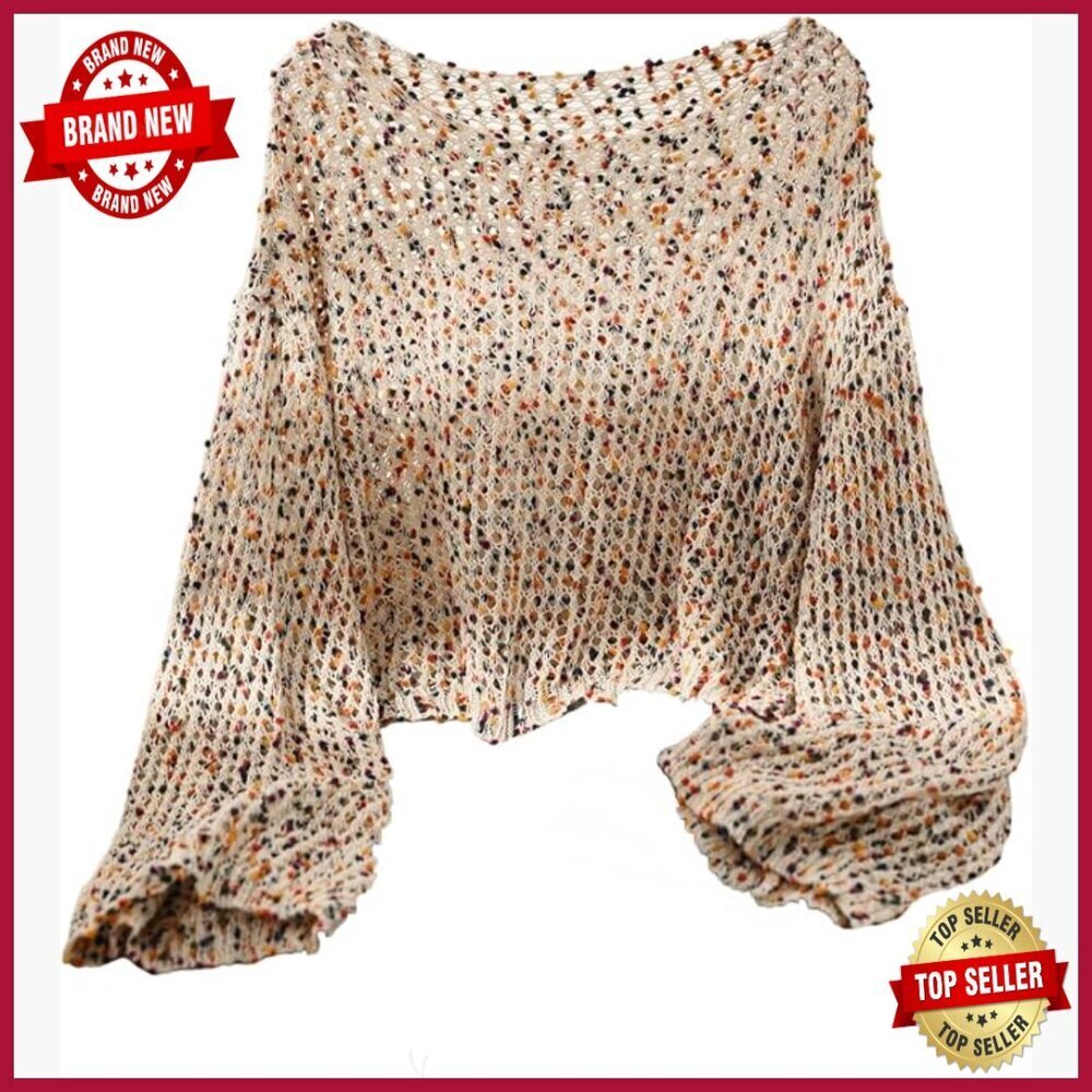 Plus Size Crochet Crop Sweater Bell Sleeve Boat Neck Pullover